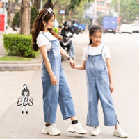 Yếm jean lửng xẻ tà, yếm đôi mẹ và bé, yếm bò mềm co giãn BBS phong cách cá tính màu xanh loang BS20