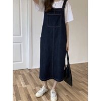 Yếm Jean Nữ Dài 3 Nút Bên Váy Yếm Dàng Dài Màu Xanh Đậm Chất Jean Dày Dặn Hàng QCCC Loại 1 Chất Đẹp