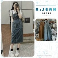 Yếm váy jean dài dây rút eo, yếm bò lửng phối túi cá tính | YB | A&JEAN STORE
