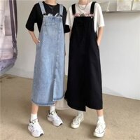 Yếm váy jean dài xẻ tà trước vải bò hai dây điều chỉnh có túi ngực màu xanh và đen KoKo Y01