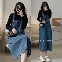 Yếm váy jean dáng dài đầm yếm bò nữ phong cách Hàn Quốc