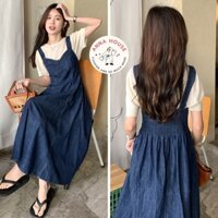 Yếm Váy Jean Nữ 2 Dây Bản To Dáng Xòe Dài Form Rộng Có Chun Lưng Ôm Ngực , Váy Yếm Bò Demin Dáng Xòe Dài   AnnaHouse