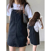 Yếm váy kaki denim Ulzzang form rộng, yếm kaki màu đen có túi trước cute