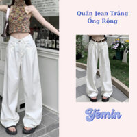 [YÉMIN] Quần Jean Ống Rộng, Quần Jean Ống Suông Nữ Trắng Lưng Thấp Dáng Xếp Nếp Hottrend