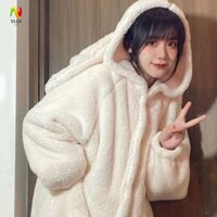 Yêu CẦU Đồ ngủ lông cừu san hô IMPACT, Áo choàng ngủ dài tay sang trọng tai thỏ, có túi Kawaii Dày ấm áp Bộ đồ ngủ dáng rộng Váy ngủ nữ