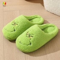 Yêu CẦU IMPACT Grinch Dép Cotton Giáng sinh, Giày Cotton gia đình ấm áp TPR sang trọng, Chống gió chống trượt màu xanh lá cây có tóc dày Trang phục hóa trang Đạo cụ mùa đông