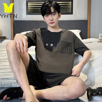 YHTN đồ ngủ nam Chất lượng cao lông pijama tay ngắn áo bộ quần cotton pyjama bông