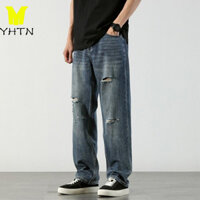 YHTN quần jean nam rách gối bò xuông cao cấp jen áo jeans đùi đẹp jin co giãn quần jean nam rách