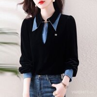 [Yi Cheng Cheng] Giao hàng nhanh giả hai chiếc áo nhung vàng cao cấp cho nữ áo mặc trong mùa thu mẫu mới thu đông áo sơ mi nữ dài tay kiểu Pháp LU0E