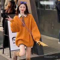 [Yi Cheng Cheng] Vận chuyển nhanh Áo len xoắn mềm cổ tròn chui đầu màu cam Áo len dệt kim dài vừa dày dặn phong cách lười rộng rãi thu đông cho nữ áo khoác Z8EZ