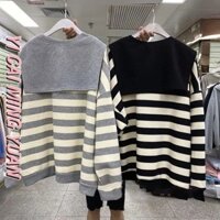 YICAIMINGYUA Áo len cổ tròn mỏng Khăn choàng nữ + Áo sọc rộng