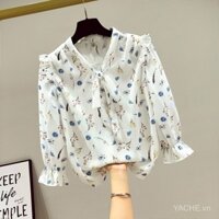 [Yichengcheng] Giao hàng nhanh, thiết kế thời trang mùa hè mới, áo blouse chiffon tay ba phần tư cho phụ nữ, áo sơ mi hoa HRQW
