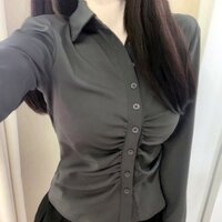 Yicoo - Áo sơ mi xếp ly Hàn Quốc dài tay gợi cảm Áo nữ màu trơn