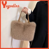 Yogodlns Faux Fur Nữ Xô Sang Trọng Túi Xách Mềm Mại Mùa Đông Ấm Áp Màu Trơn Đeo Vai Túi
