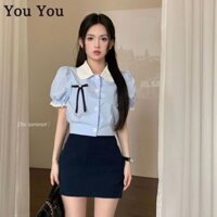 You You You Áo Sơ Mi Nữ Phong Cách Preppy Peter Pan Cổ Tay Ngắn Nơ Xanh Áo Ngắn