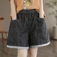 {Youmi Home} Quần short nữ vải bò giấy túi rộng dáng rộng gập gấu - Quần Áo Huyền Anh