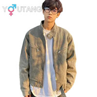 Youtang American Harrington Áo khoác phong cách giải cấu trúc mùa thu cổ điển có khóa kéo giặt đứng áo khoác denim