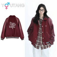 Youtang Mỹ retro nam nữ thêu đồng phục bóng chày mùa thu rượu vang đỏ áo khoác da PU