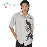 Youtang Trung Quốc mực tre ngắn tay áo sơ mi mùa hè cổ Cuba áo sơ mi lụa băng dành cho nam và nữ
