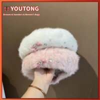 YOUTONG🦋Nơ Kim Cương Giả Lông Mũ Nồi Hàn Quốc Nữ Dễ Thương Màu Hồng Mũ Bí Ngô