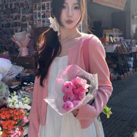 Yoyo Áo len dài tay màu xanh lá cây phong cách Hàn Quốc dành cho nữ Áo len Cardigan ngắn màu hồng