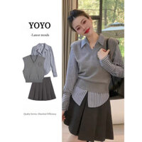 Yoyo♥Hàng CÓ SẴN♥Phong Cách Hàn Quốc Preppy Phong Cách Áo Vest Phù Hợp Với Ba Mảnh Áo Sơ Mi Sọc Dài Tay Áo Dệt Kim + Váy Xếp Ly Váy Ngắn