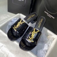 Ysl Cao Gót Đen Sơn Mài Da Thời Trang Cổ Điển Đồng Vàng Khóa, Đế Ngoài Cao Su Phong Cách Hàn Quốc Chunky Gót Dép 5PWV