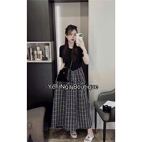 YT67 Váy Len Tăm Cổ Tròn Phối Kẻ