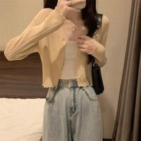 Yuewen Áo len cổ chữ V phong cách mỏng có viền nấm Áo khoác trắng nữ dài tay chống nắng Cardigan Slimmer Look Short Outer Top