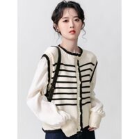 Yuewen Áo Sơ Mi Giả Hai Mảnh Nữ Mùa Xuân Voan Khâu Sọc Cổ Tròn Dệt Kim Cardigan Tay Phồng Rời Top