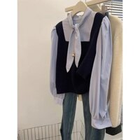 YUEWEN Áo vest giả hai mảnh đan len tay dài áo sơ mi nữ rộng rãi phong cách đại học