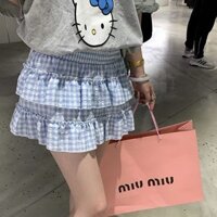 YUEWEN bánh ngọt ngào váy kẻ sọc ren cạp cao váy ngắn bồng bềnh che da thịt