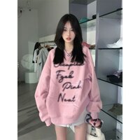 Yuewen Chữ In Hình Cổ Tròn Áo Chui Đầu Màu Hồng Áo Khoác Nữ Thu Đông Lông Cừu Lót Niche Rời Giữa Chiều Dài Hoo