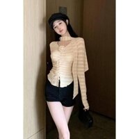 Yuewen Cổ Chữ V Hoa Hồng Xếp Ly Slim-Fit Slimmer Look Top Thu Đông Nữ Cổ Thắt Lưng Streamer T @ -