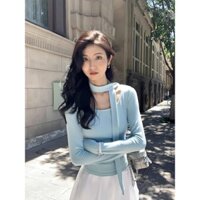 Yuewen Cổ Vuông Ruy Băng Dài Tay Áo Thun Nữ Nhung Đức Màu Trơn Mỏng