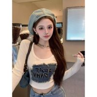 Yuewen Denim Patch Slim-Fit Áo Thun Đáy Áo Sơ Mi Nữ Mỏng Hơn Nhìn Ngắn Dài-