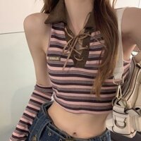 Yuewen Girl POLO Cổ Sọc Ren Áo Vest Không Tay Áo Mùa Hè