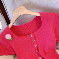 Yuewen Hoa Hồng Đỏ Cổ Vuông Vai Vuông Áo Len Tay Ngắn Áo Thun Nữ Mùa Hè Cao Cấp Ngắn Đan Crop Rốn Sang Trọng Top