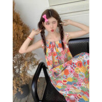 Yuewen Hoạt Hình Hoa Sling Đầm Nữ Ngọt Mori Mục Vụ Dopamine Váy Biển