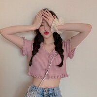 Yuewen Hồng Nhỏ Cardigan Áo Len Nữ Cổ Chữ v Áo Khoác Tay Ngắn Slim-Fit Ngắn Mỏng Đan Thụy Điển