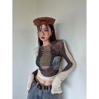 Yuewen Màu Sắc Tương Phản Áo Thun Dài Tay Nữ Mùa Xuân Cà Vạt-Dye Slim-Fit Skinny Ngắn Bên Trong Trên Đáy