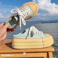 Yuewen Mint Xanh Lười Slip-On Giày Vải Sinh Viên Nữ Tăng Chiều Cao Giày Trắng Giày Thường