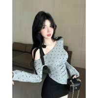 Yuewen Một Vai Không Đều Chấm Bi Dài Tay Áo Thun Nữ quây Top Đáy Áo Sơ Mi Bên Trong Top Top