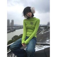 Yuewen Mỹ Retro Áo Thun Dài Tay Nữ Thu Đông Đức Nhung Có Mũ Trùm Đầu Thủy Ngân In Slim-Fit Đáy