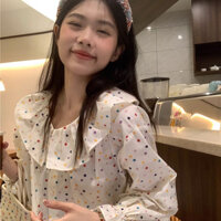 Yuewen Ngọt Ngào Cầu Vồng Chấm Bi Dài Tay Áo Sơ Mi Nữ Mùa Xuân Búp Bê Cổ Cảm Giác Sang Trọng Cardigan