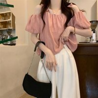 Yuewen Pháp Một Vai Áo Sơ Mi Voan Nữ Mùa Hè Rời Tay Ngắn Áo Sơ Mi Tay Phồng Xương Đòn Mỏng Hơn