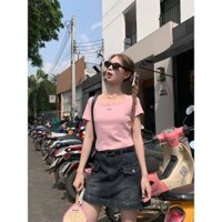 Yuewen Phong Cách Hàn Quốc Sang Trọng Chanel Dệt Kim Cổ Tròn Màu Hồng Áo Thun + Váy Denim Hai Mảnh Phù Hợp Với Nữ