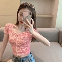 Yuewen Retro Hồng Da Báo In Áo Thun Nữ Mùa Hè Phong Cách Mới Ôm Hơn Nhìn Mỏng Áo Thun Tay Ngắn Thời Trang Áo Thun Ngắn