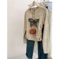 Yuewen Tie-Dye Áo thun dài tay xếp ly Denim Patch Style Slim-fit Slimmer Look Top
