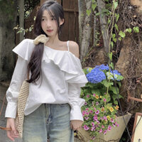 Yuewen Trắng Xù Áo Sơ Mi Dài Tay Nữ Mùa Xuân Cảm Thấy Rời Dây Top